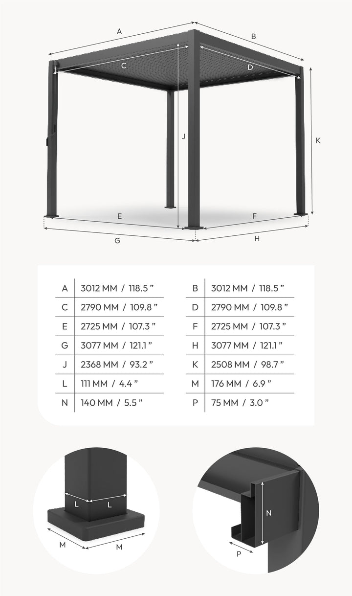 3M x 3M Square NOVA TITAN LED Pergola GREY New 2025 Model NEW