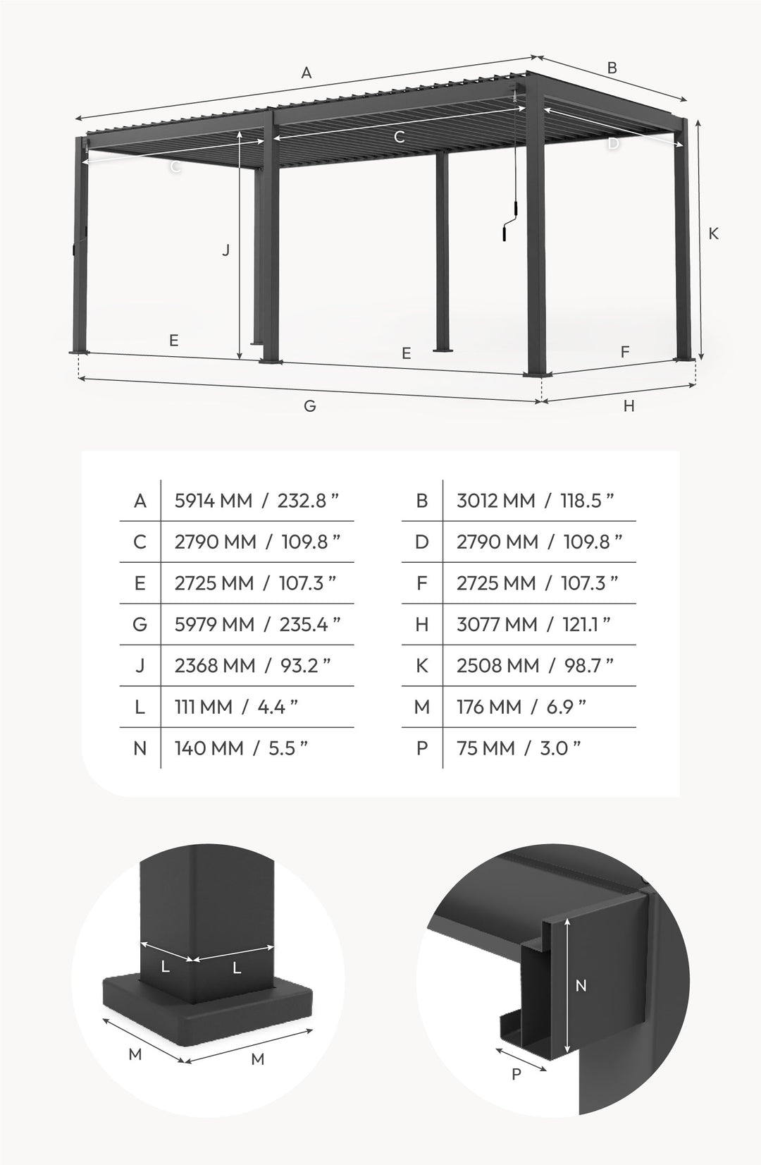 6M x 3M Rectangular NOVA TITAN Pergola PEBBLE New 2025 Model