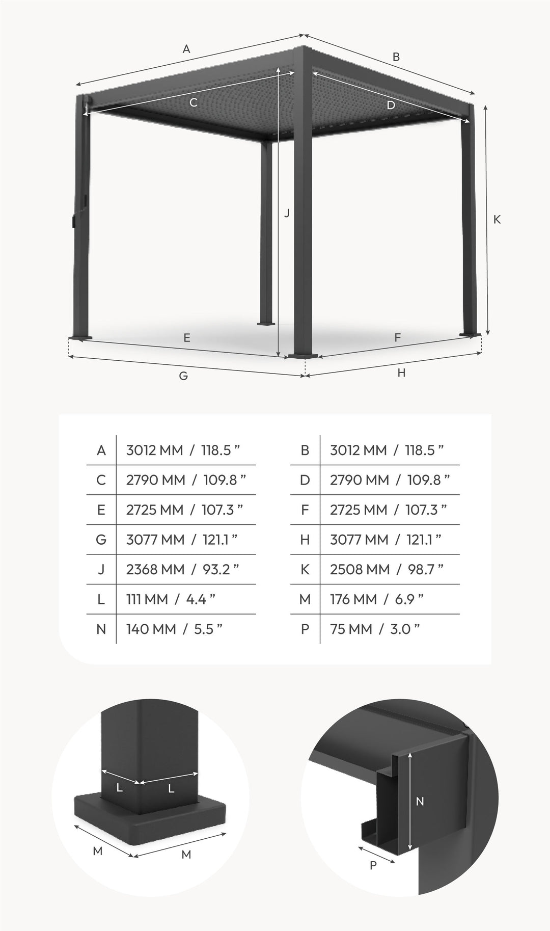 3M x 3M Square NOVA TITAN Pergola PEBBLE New 2025 Model